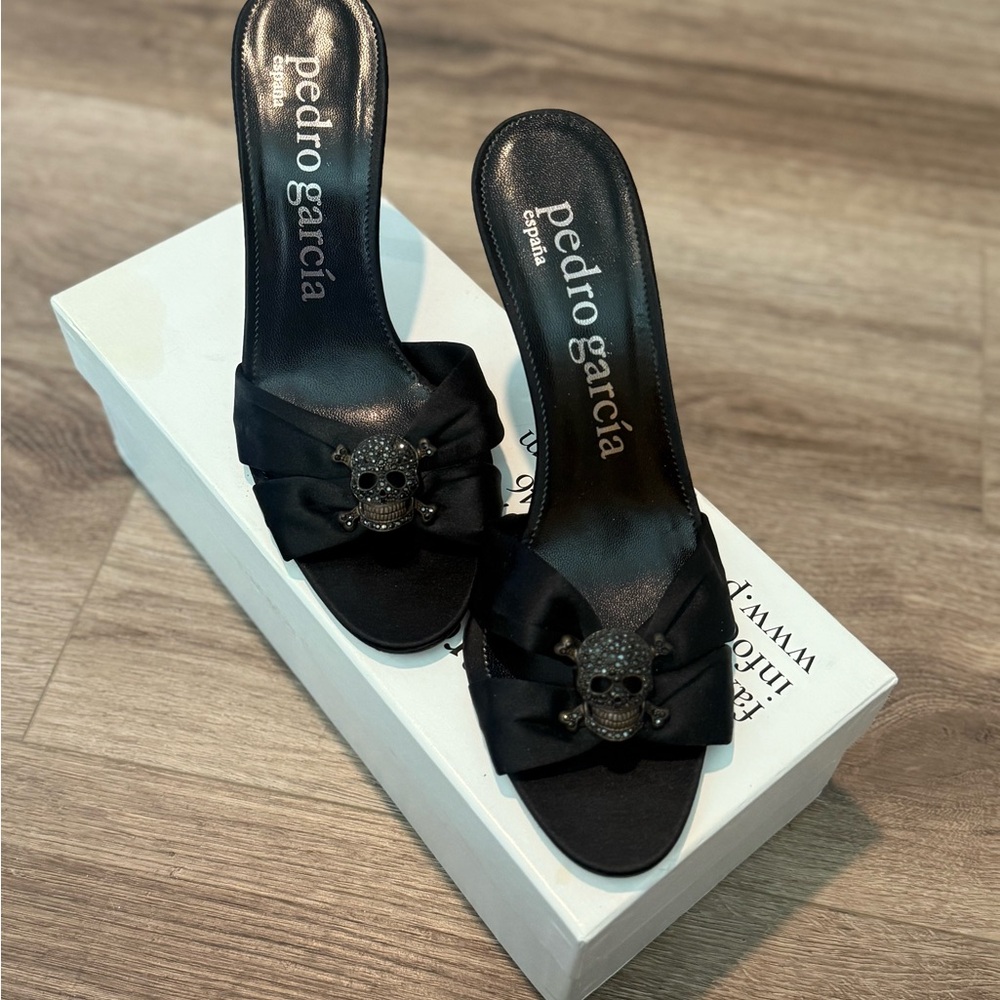 Pedro Garcia Black Mules with Skull Accent